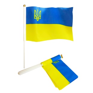 Флаг Украины, 14х21 см, с гербом, на палочке, "Украина тризуб" Флаг Украины, 14х21 см, с гербом, на палочке, "Украина тризуб" - интернет-магазин optom-k.com
