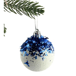 Шарик новогодний, 6 см, белый блеск с синей мишурой, "Отделка", Украина - интернет-магазин optom-k.com