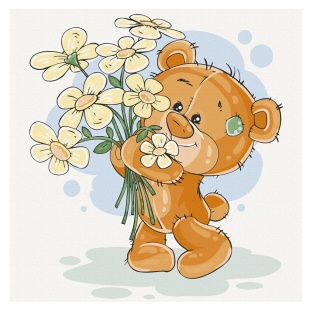 Картина по номерам, 30х30 см, с набором красок и 3 кисточками, "Медвежонок с цветами" - интернет-магазин optom-k.com