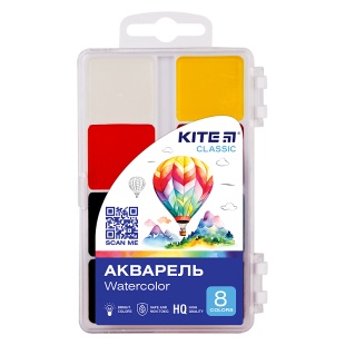 Акварель, 8 кольорів, медова, напівсуха, пластикова упаковка, без пензлика,  KITE канцелярія - інтернет-магазин optom-k.com