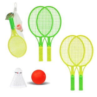 Набор бадминтона, 2 ракетки, воланчик и мячик, в сетке 13х7х30 см - интернет-магазин optom-k.com