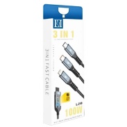 Кабель нейлоновый, 1 м, 3в1, USB-TYPE-C/Lightning/MICRO, 100W, черный цвет, YESPLUS L-210 - интернет-магазин optom-k.com