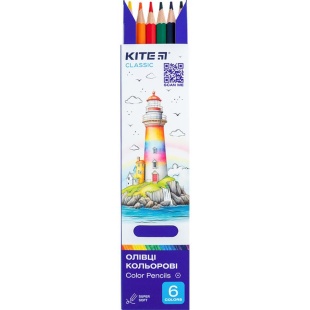 Олівці кольорові, 6 шт, односторонні, шестигранні, дерев'яні, "Kite Classic", KITE канцелярія - інтернет-магазин optom-k.com