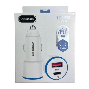 Зарядний пристрій для автомобіля, USB-A, USB-C, 20W, білого кольору, "YESPLUS-1212" - інтернет-магазин optom-k.com