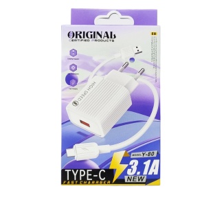 Зарядний пристрій, USB-А -роз'єм, 3,1 A, з кабелем USB, білий колір, "YESPLUS L-218/Y-80" - інтернет-магазин optom-k.com