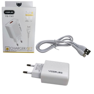 Зарядний пристрій, USB-А-роз'єм, 3,1 A, з кабелем USB-Lightning, 1м, білий колір, "YESPLUS YS-1141" - інтернет-магазин optom-k.com