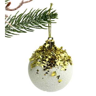 Шарик новогодний, 6 см, белый блеск с золотой мишурой, "Отделка", Украина - интернет-магазин optom-k.com